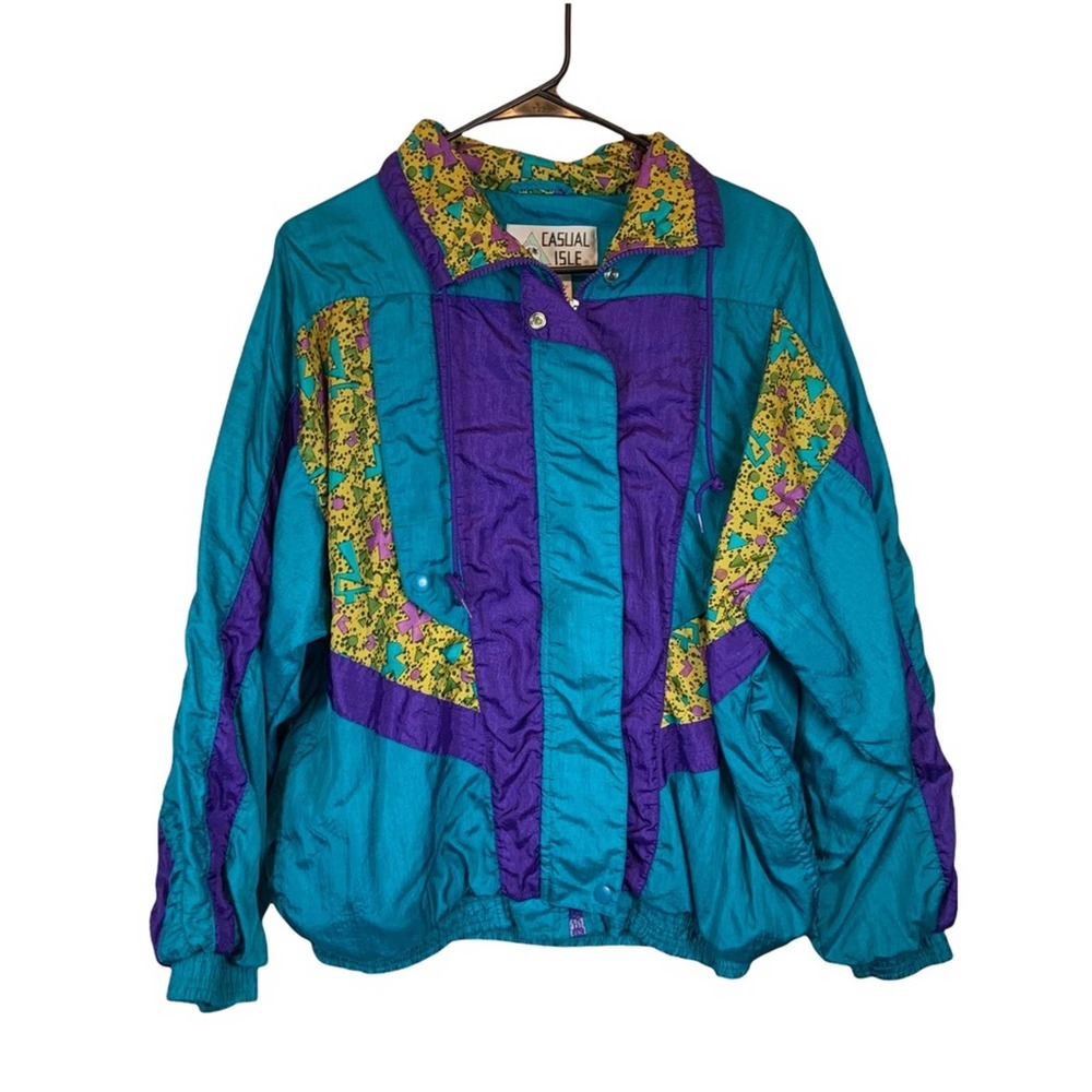 Vintage Retro Windbreaker Jacket 80s-90s Teal Purple Yellow Printed Size Medium
